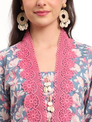 cotton blue kurta dupatta set with lace detailing 4