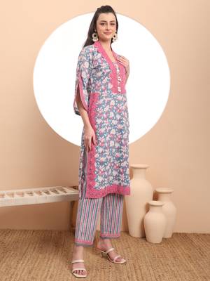 cotton blue kurta dupatta set with lace detailing 5