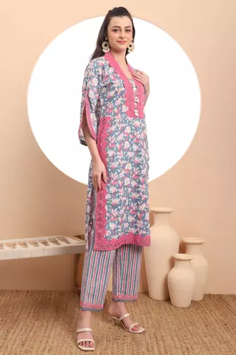 cotton blue kurta dupatta set with lace detailing
