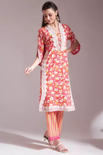 pure cotton pink kurta dupatta set with lace detailing