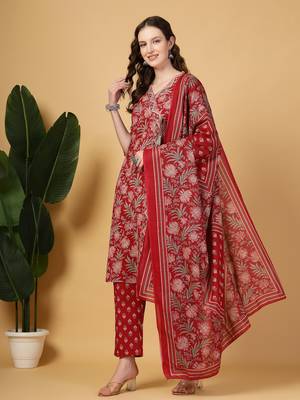 burgundy floral print straight kurta trouser dupatta set 2