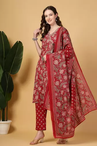 burgundy floral print straight kurta trouser dupatta set