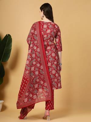 burgundy floral print straight kurta trouser dupatta set 3