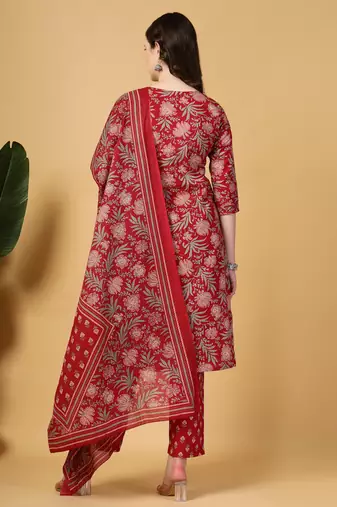 burgundy floral print straight kurta trouser dupatta set