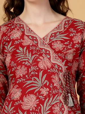 burgundy floral print straight kurta trouser dupatta set 4