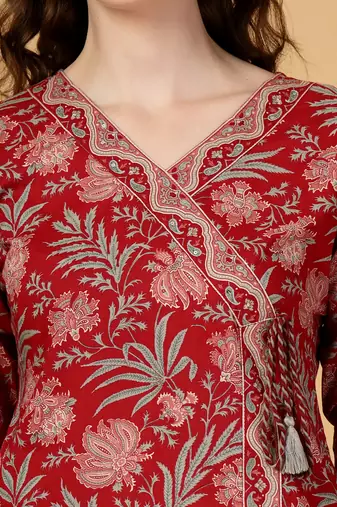 burgundy floral print straight kurta trouser dupatta set