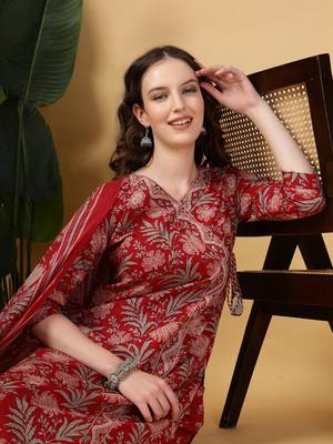 burgundy floral print straight kurta trouser dupatta set 5