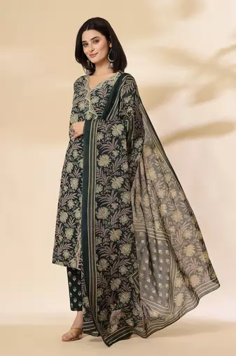 green cotton straight kurta dupatta set