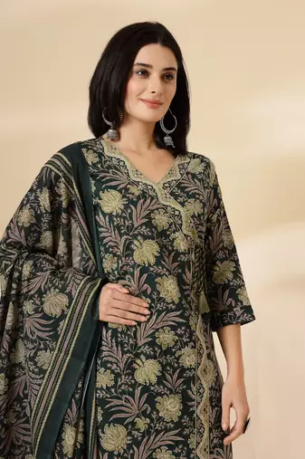 green cotton straight kurta dupatta set