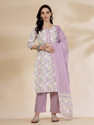 lavender floral print straight kurta trouser dupatta set 1