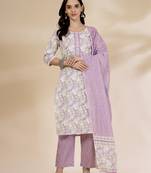 lavender floral print straight kurta trouser dupatta set