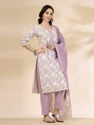 lavender floral print straight kurta trouser dupatta set 2
