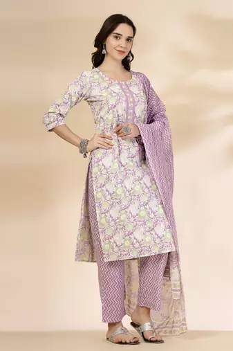 lavender floral print straight kurta trouser dupatta set