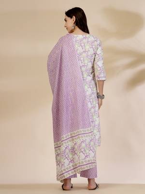 lavender floral print straight kurta trouser dupatta set 3