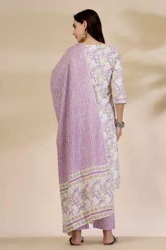 lavender floral print straight kurta trouser dupatta set