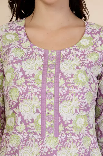 lavender floral print straight kurta trouser dupatta set