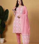 pink floral print straight kurta trouser dupatta set