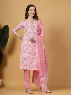 pink floral print straight kurta trouser dupatta set 2