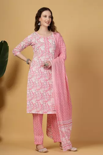 pink floral print straight kurta trouser dupatta set