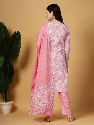 pink floral print straight kurta trouser dupatta set 3