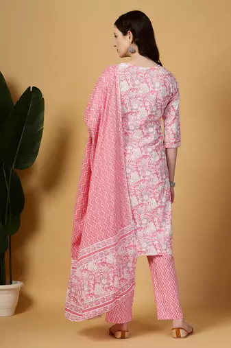 pink floral print straight kurta trouser dupatta set