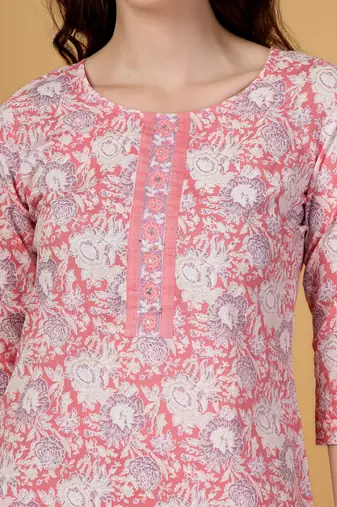 pink floral print straight kurta trouser dupatta set
