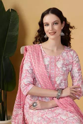 pink floral print straight kurta trouser dupatta set