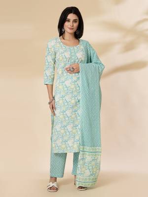 sea green floral print straight kurta trouser dupatta set 1