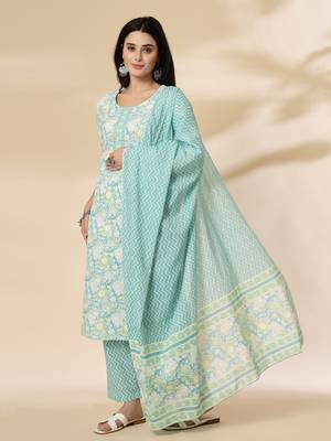 sea green floral print straight kurta trouser dupatta set 2