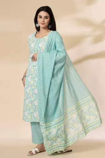 sea green floral print straight kurta trouser dupatta set