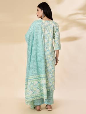 sea green floral print straight kurta trouser dupatta set 3