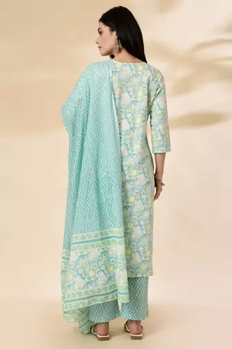 sea green floral print straight kurta trouser dupatta set