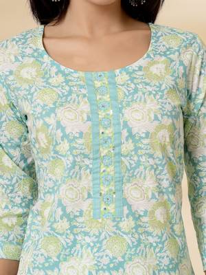 sea green floral print straight kurta trouser dupatta set 4