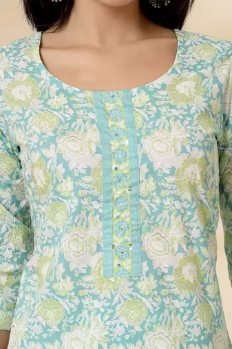sea green floral print straight kurta trouser dupatta set