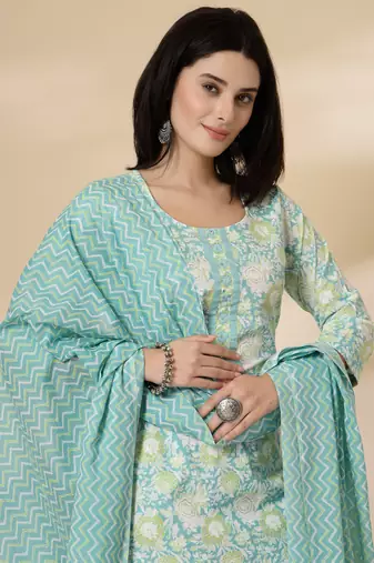 sea green floral print straight kurta trouser dupatta set
