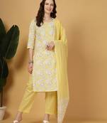 yellow floral print straight kurta trouser dupatta set