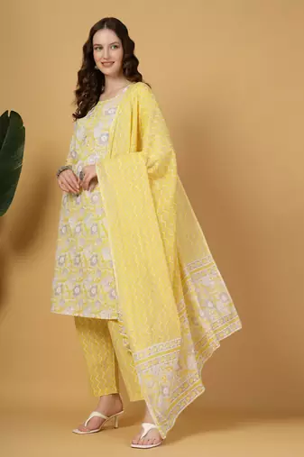 yellow floral print straight kurta trouser dupatta set