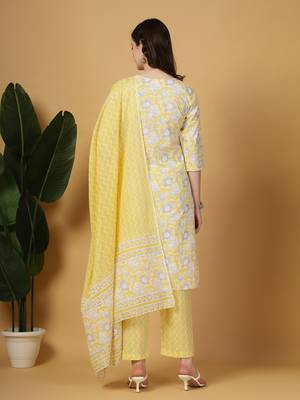 yellow floral print straight kurta trouser dupatta set 3