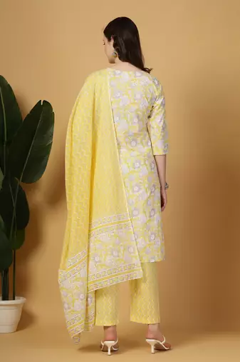 yellow floral print straight kurta trouser dupatta set