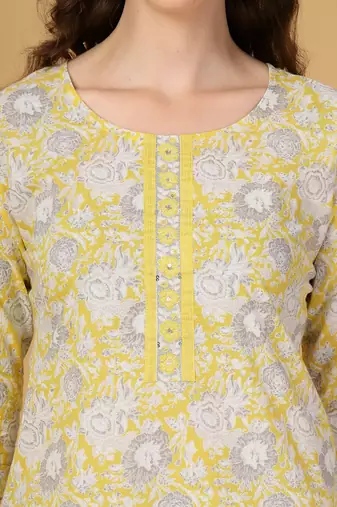 yellow floral print straight kurta trouser dupatta set