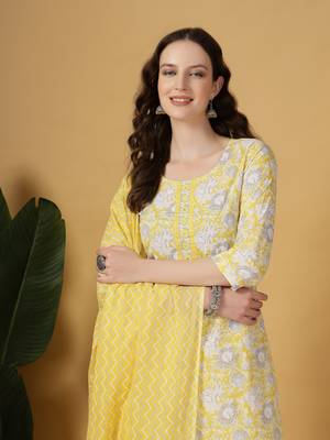 yellow floral print straight kurta trouser dupatta set 5