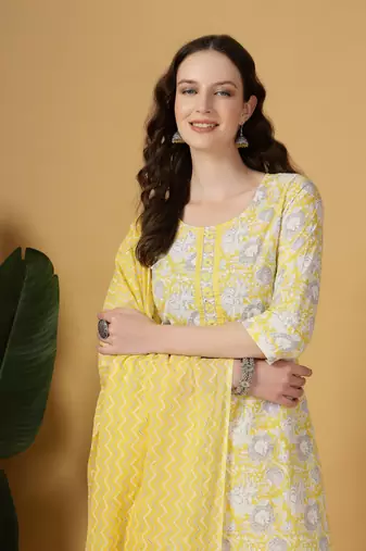 yellow floral print straight kurta trouser dupatta set