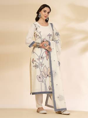 off-white handloom cotton jacquard kurta set with pant & dupatta 1