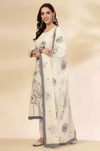 off-white handloom cotton jacquard kurta set with pant & dupatta