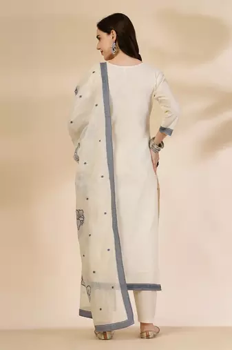 off-white handloom cotton jacquard kurta set with pant & dupatta