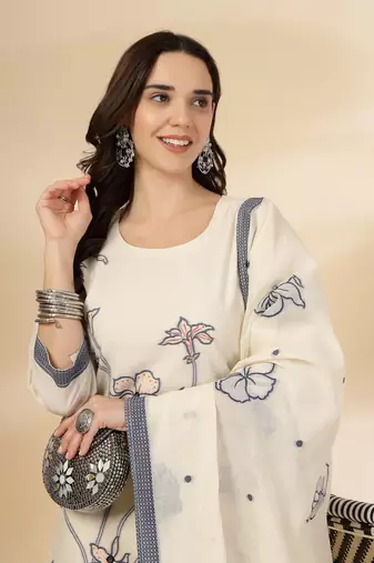 off-white handloom cotton jacquard kurta set with pant & dupatta
