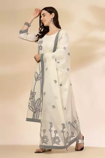 off-white handloom cotton jacquard sequins work kurta dupatta pant set