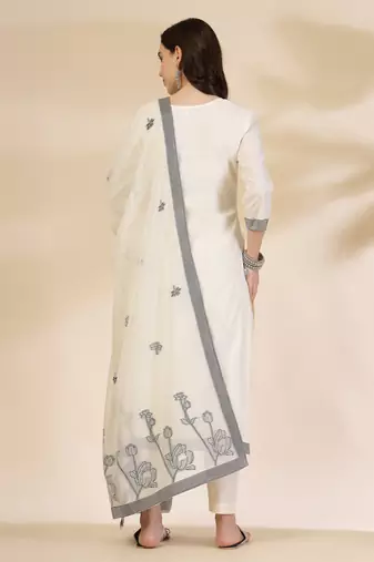 off-white handloom cotton jacquard sequins work kurta dupatta pant set