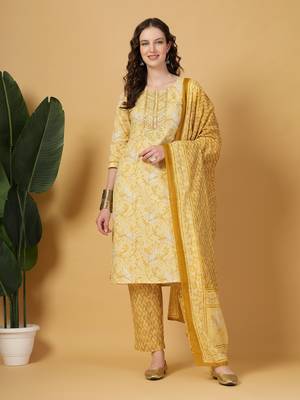yellow floral print thread work straight kurta trouser dupatta set 1
