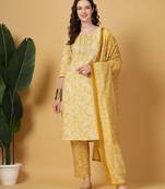 yellow floral print thread work straight kurta trouser dupatta set